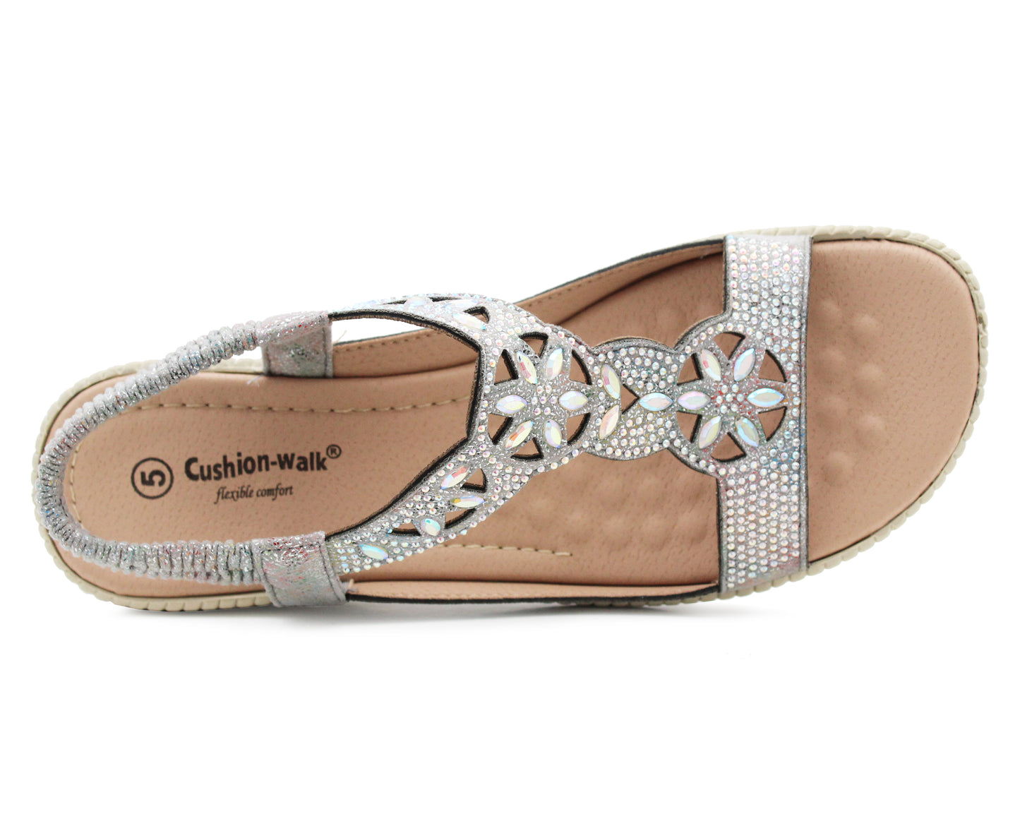 Womens Slingback Sandals Slip On Elastic Stretch Ladies Wedge Heel Pewter Diamante Summer Sandals