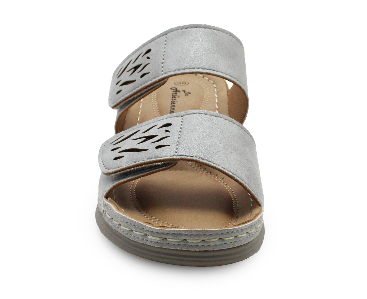 Womens Backless Sandals Touch Fasten Low Wedge Heel Open Toe Metallic Summer Ladies Fashion Sandal Beach Slides Shoes Silver