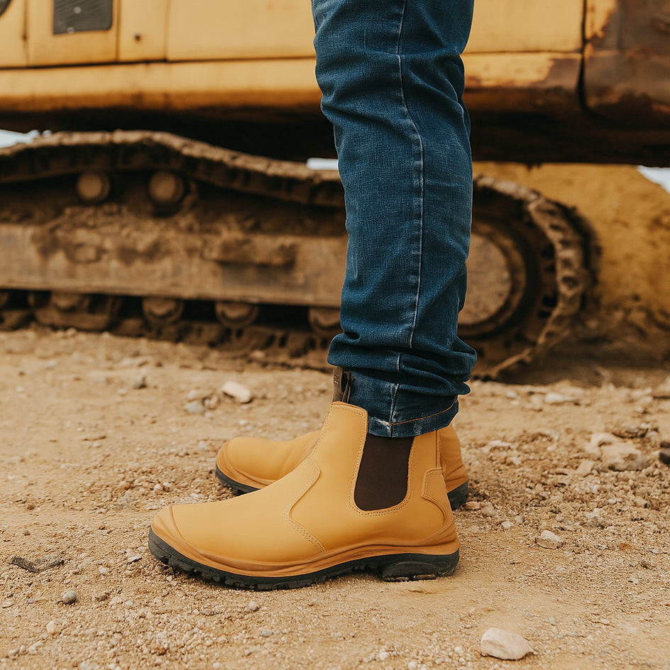 Mens Lightweight Brown Leather Safety Steel Toe Slip On Twin Gusset Work Dealer Boots Shoes