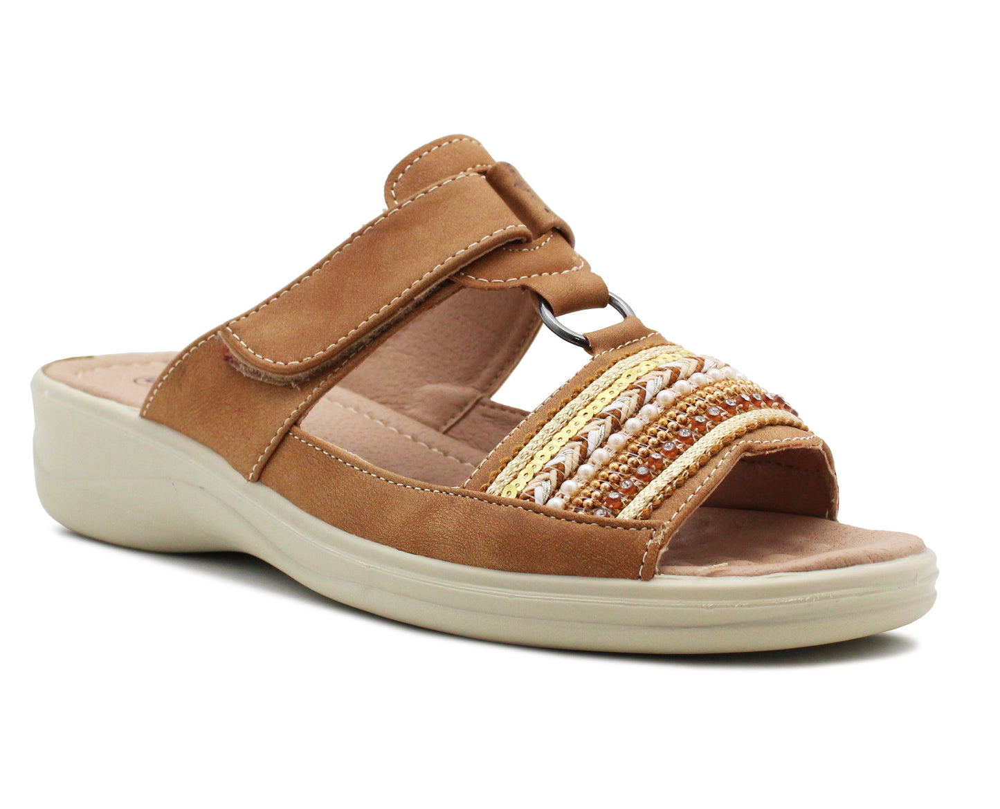 Womens Touch Fasten Sandals Low Wedge Diamante Open Toe Slip On Backless Ladies Summer Fashion Sandals in Tan