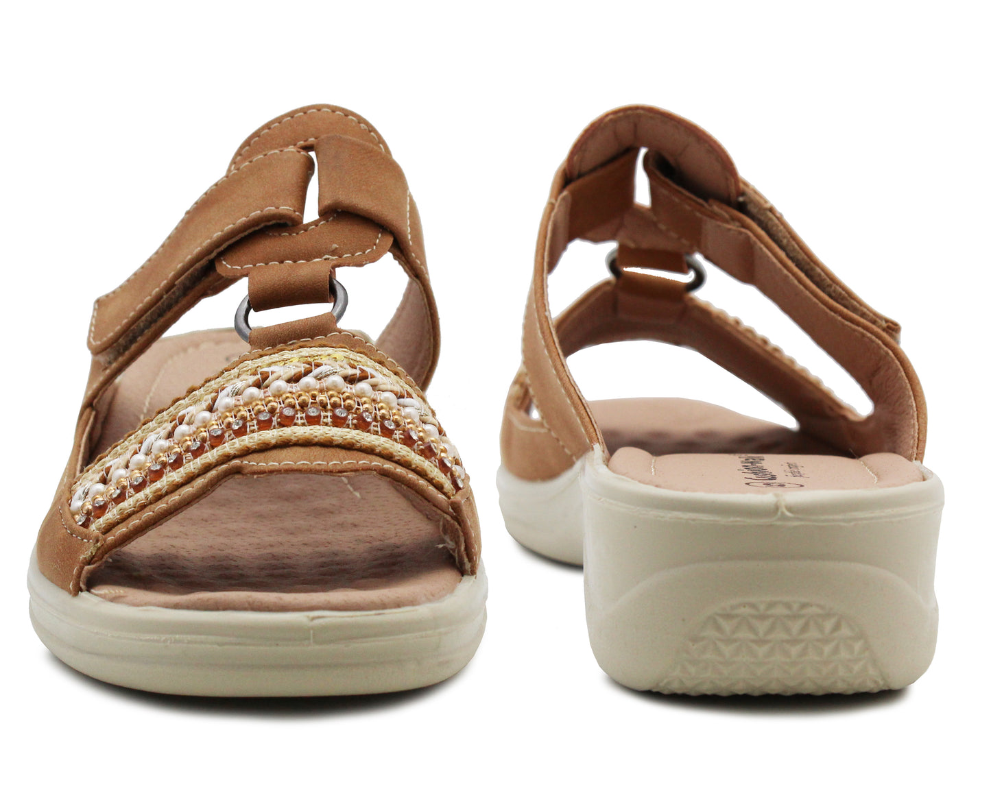 Womens Touch Fasten Sandals Low Wedge Diamante Open Toe Slip On Backless Ladies Summer Fashion Sandals in Tan