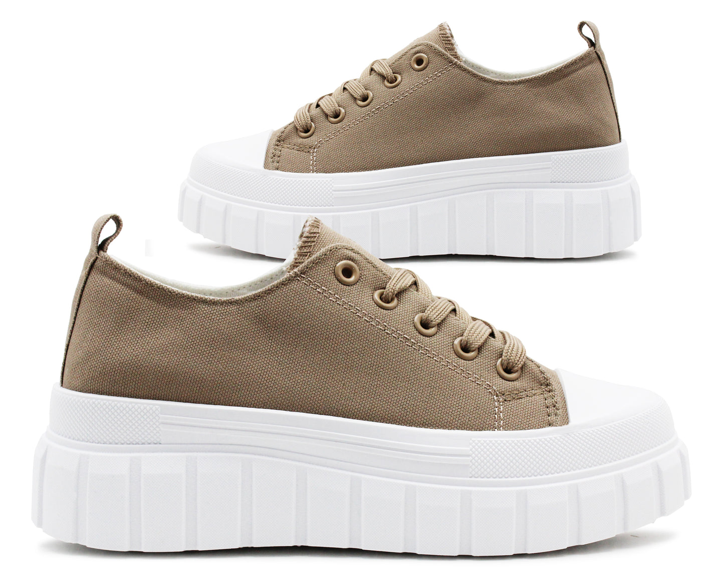 Womens Canvas Trainers Taupe Platform Lace Up Chunky Sole Baseball Sneakers Ladies Flat Fashion Trainer Pumps Shoes