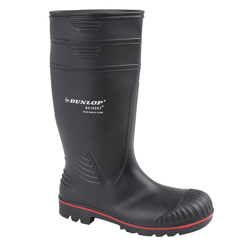 Dunlop Heavy Duty Knee High Full Safety Waterproof Work Boot Wellingtons Black, S5 Rated Antistatic and Slip Resistant PVC Wellies with Steel Toecap for Outdoor and Industrial Use
