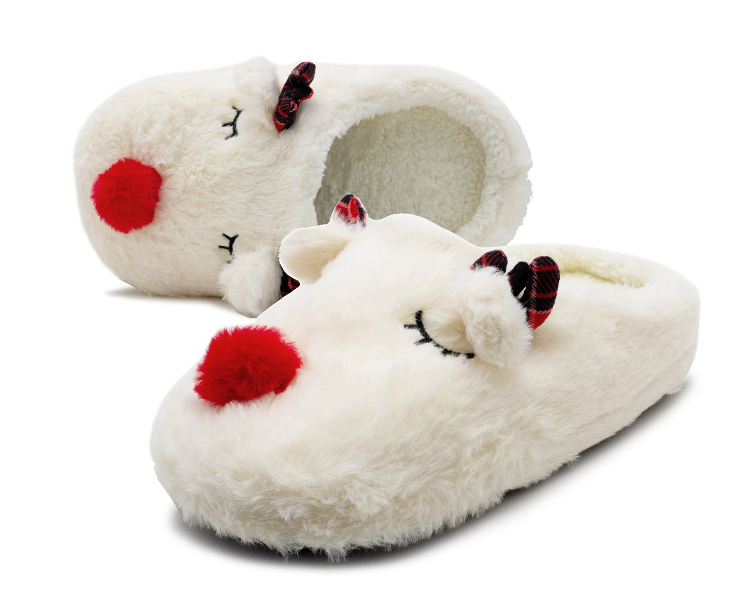Womens Reindeer Novelty Slippers Wide Fitting Faux Fur Lined Lightweight Character Plush Festive Christmas Slipper Mules
