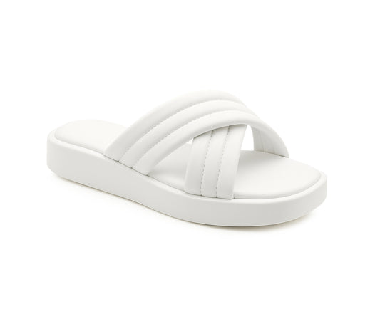 Womens Slip On White Sandals Flat Platform Sole Fashion Sliders Ladies Backless Flip Flops Crisscross Strap Summer Beach Mules