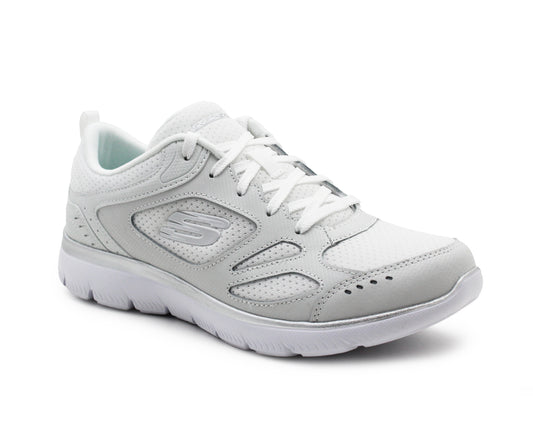 Skechers Women's Summits Suited Lace Up Low-Top Sneakers Skech-Flex Memory Foam Insole White Silver