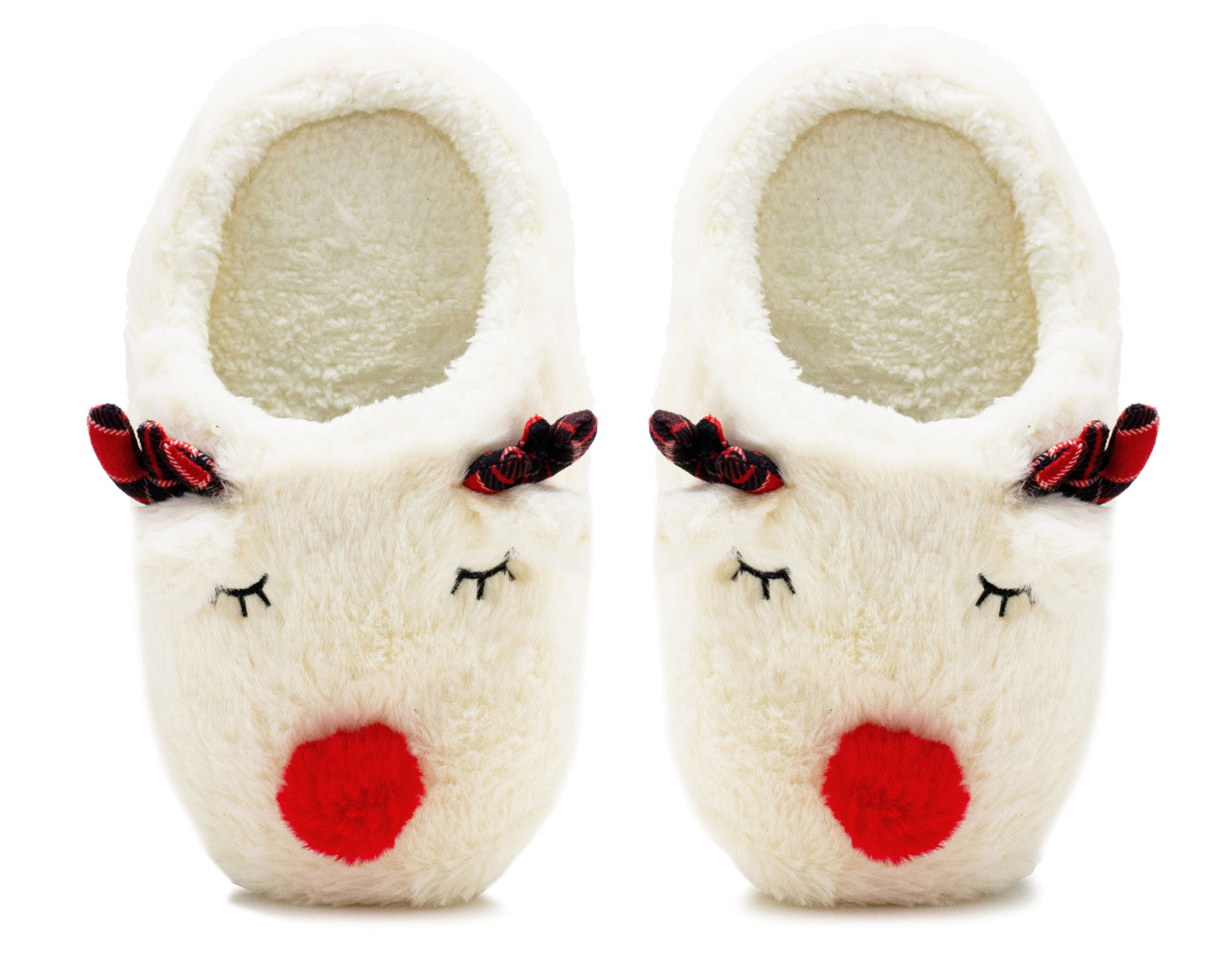 Womens Reindeer Novelty Slippers Wide Fitting Faux Fur Lined Lightweight Character Plush Festive Christmas Slipper Mules