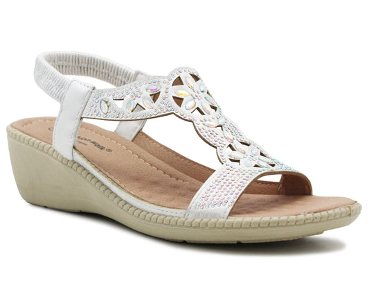 Womens Slingback Sandals Slip On Elastic Stretch Ladies Wedge Heel White Diamante Summer Sandals