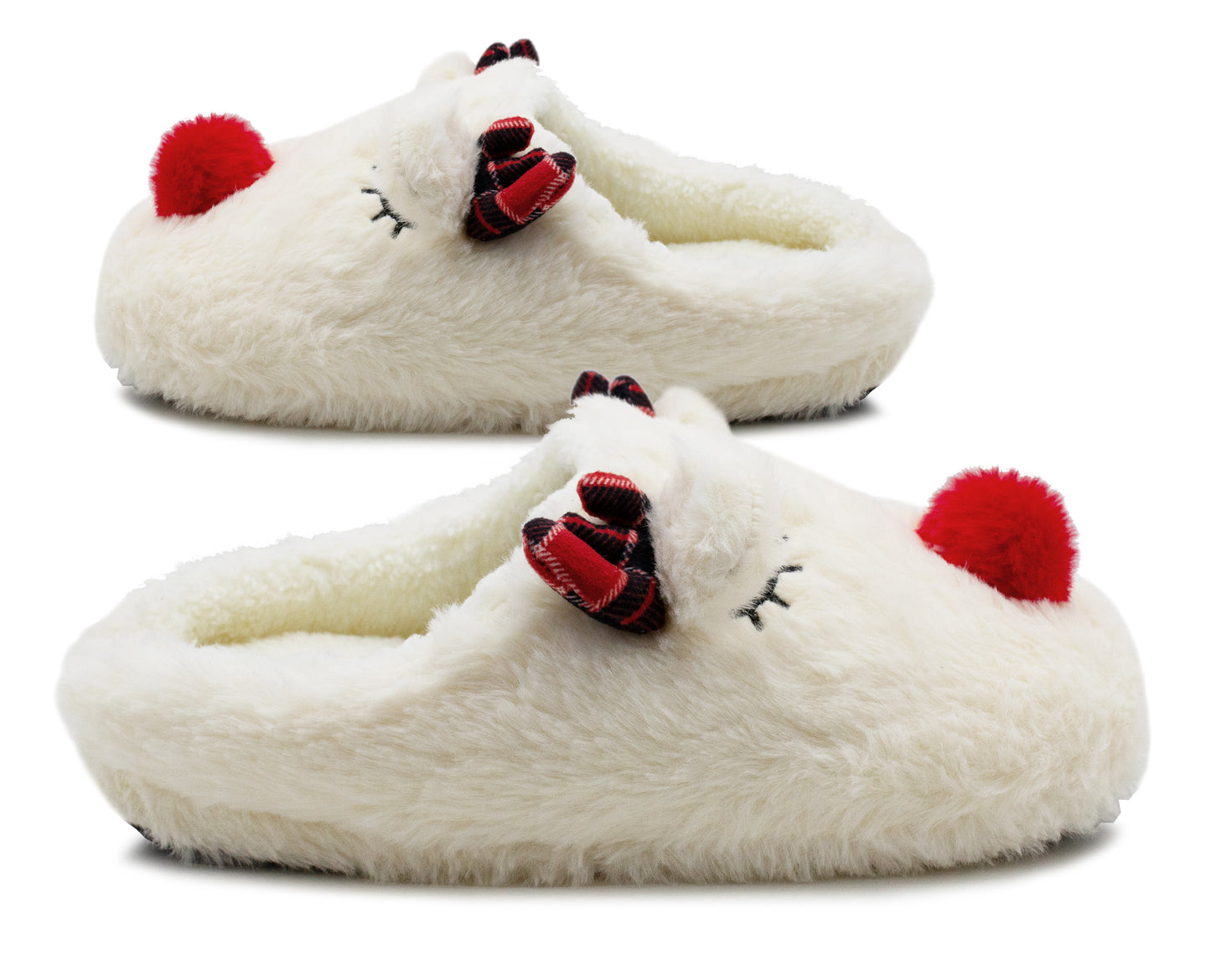 Womens Reindeer Novelty Slippers Wide Fitting Faux Fur Lined Lightweight Character Plush Festive Christmas Slipper Mules
