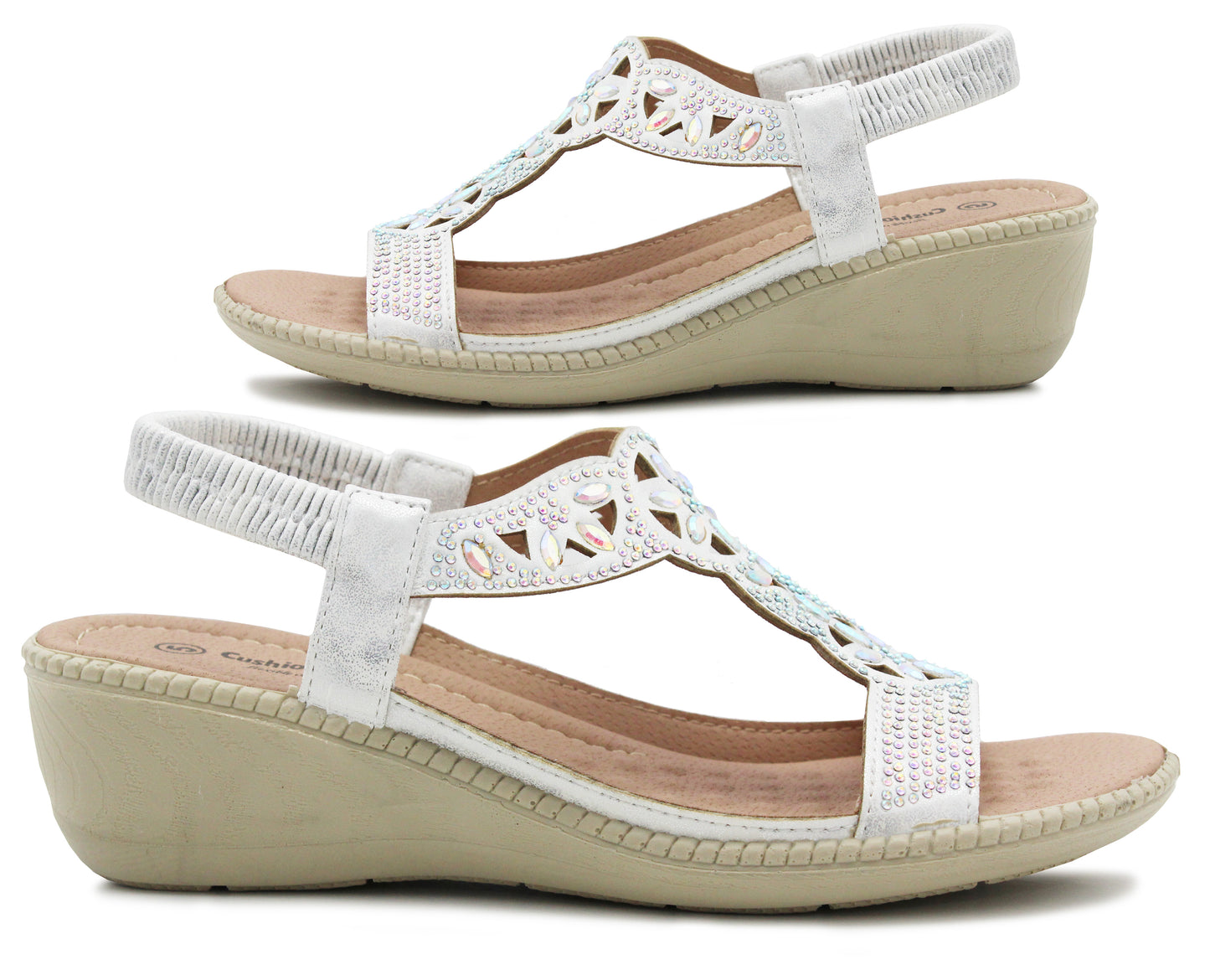 Womens Slingback Sandals Slip On Elastic Stretch Ladies Wedge Heel White Diamante Summer Sandals