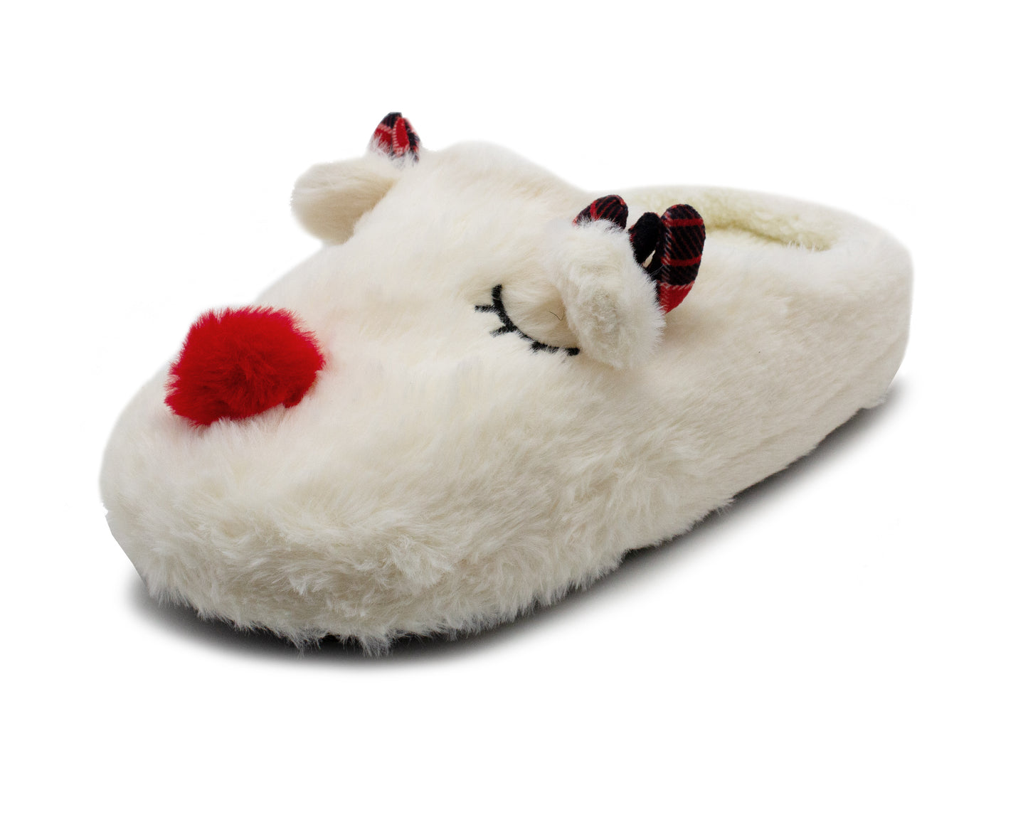 Womens Reindeer Novelty Slippers Wide Fitting Faux Fur Lined Lightweight Character Plush Festive Christmas Slipper Mules