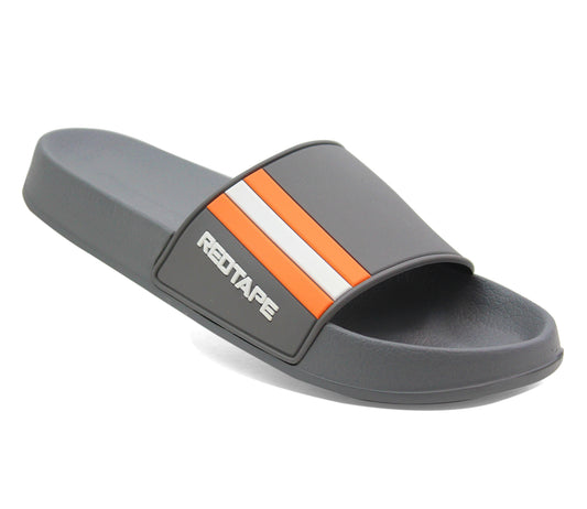 SANCHEZ Mens Red Tape Pool Sliders in Grey
