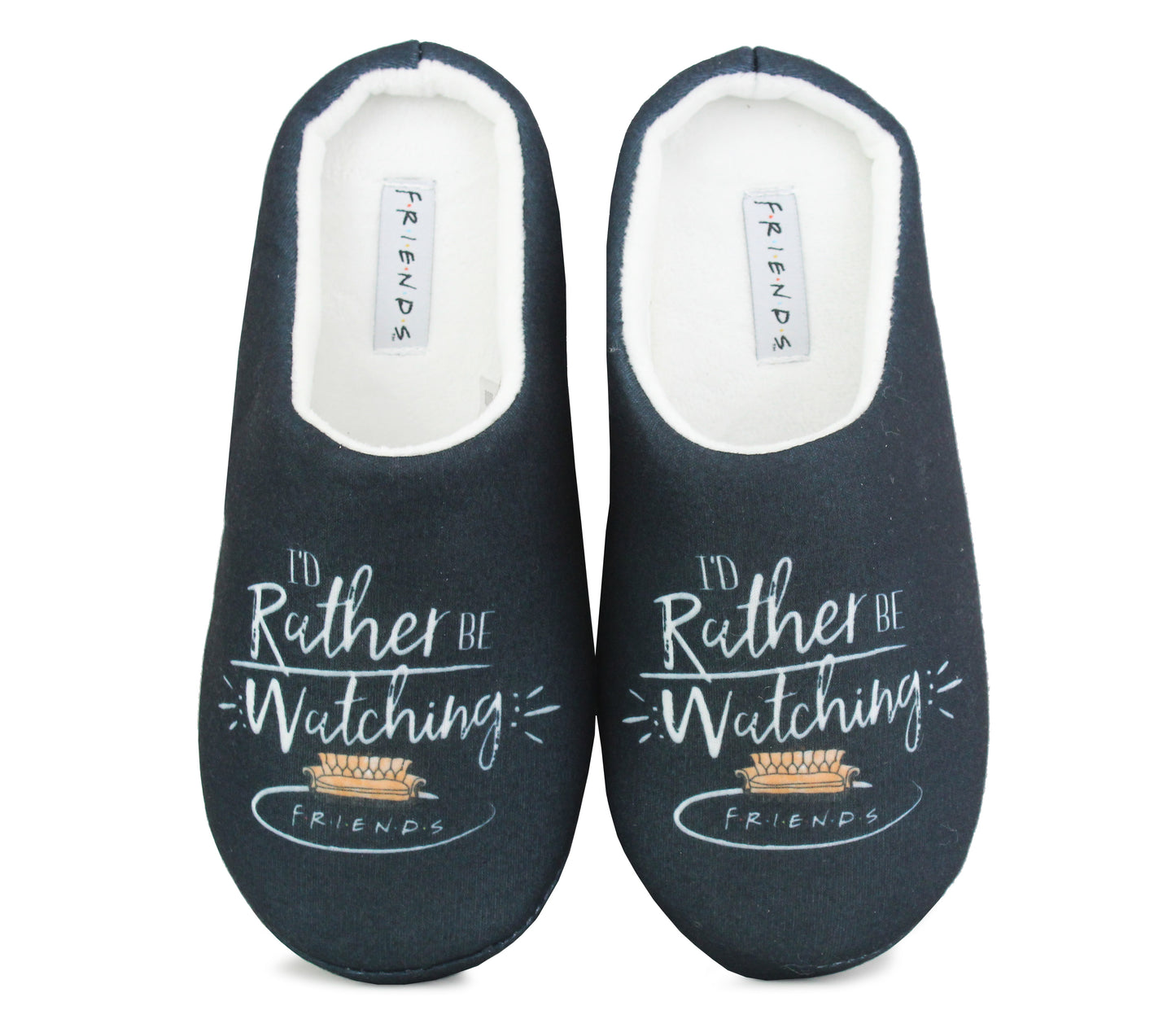 Womens Ladies FRIENDS Slippers Central Perk TV Show Novelty Fun Comedy Character Lightweight Slip On Backless Mules Black