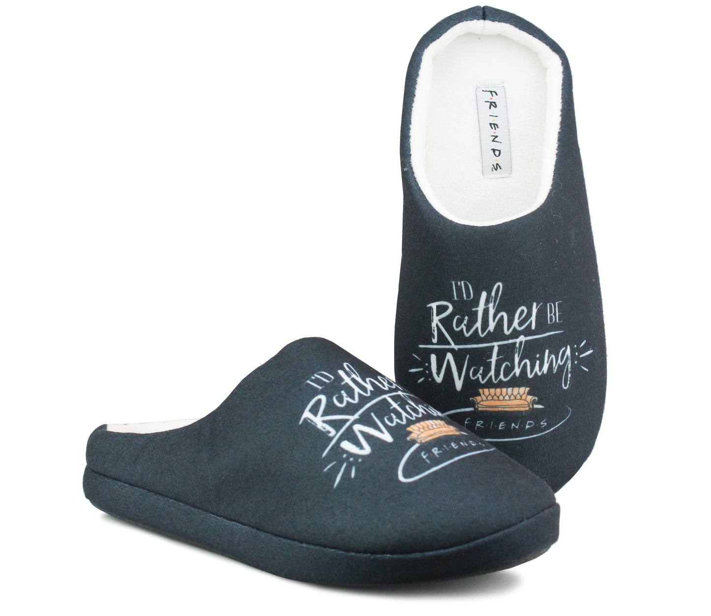 Womens Ladies FRIENDS Slippers Central Perk TV Show Novelty Fun Comedy Character Lightweight Slip On Backless Mules Black