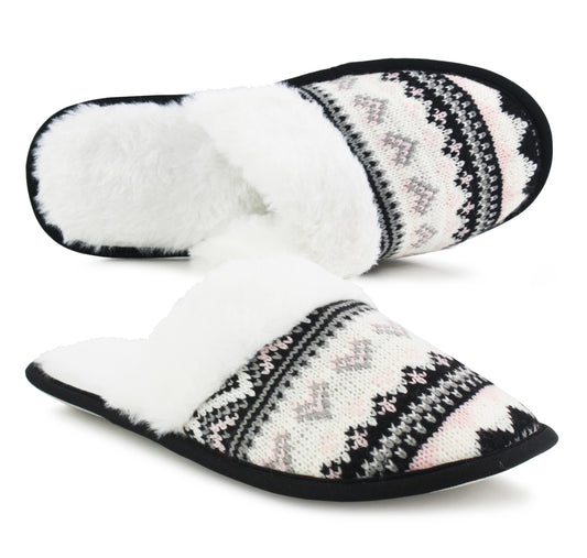 B589673 Womens Faux Fur Fair isle Mules Slippers
