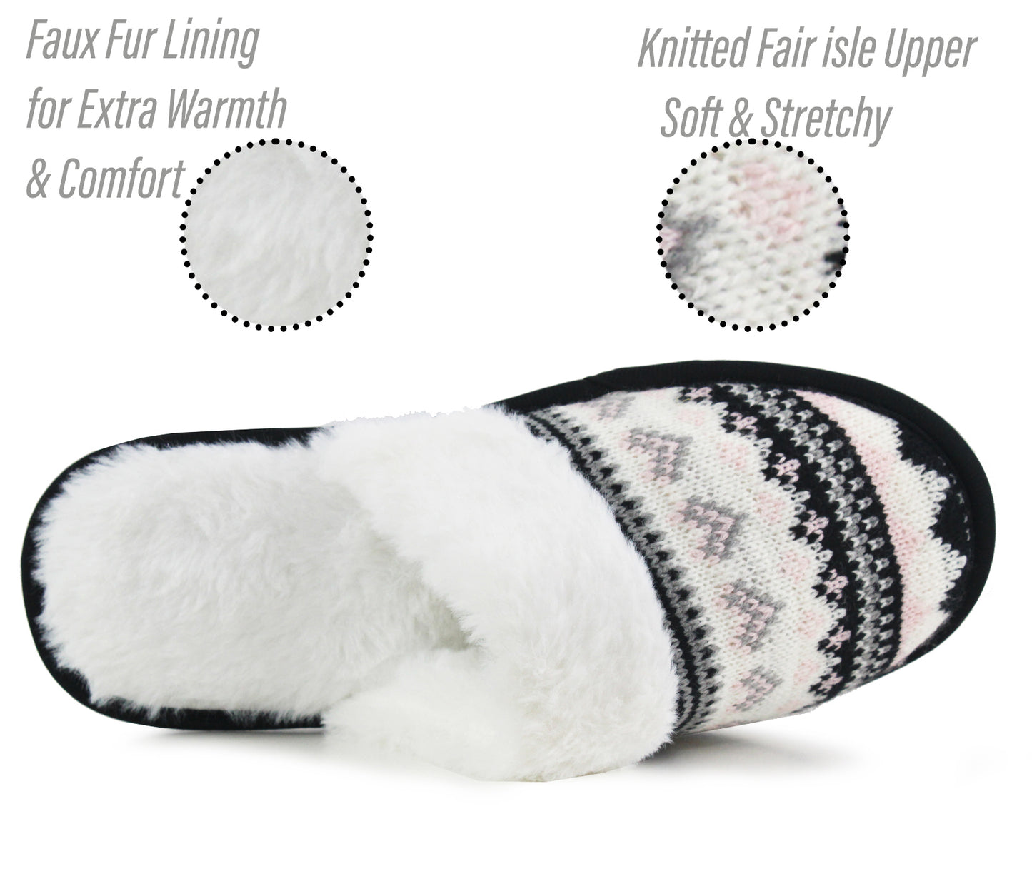 B589673 Womens Faux Fur Fair isle Mules Slippers