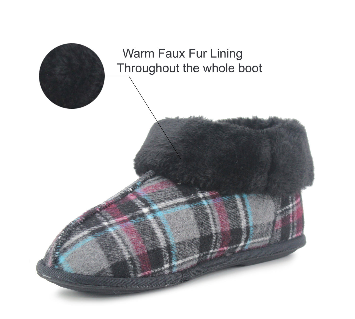 PHOEBE Womens Faux Fur Ankle Slippers in Black Check