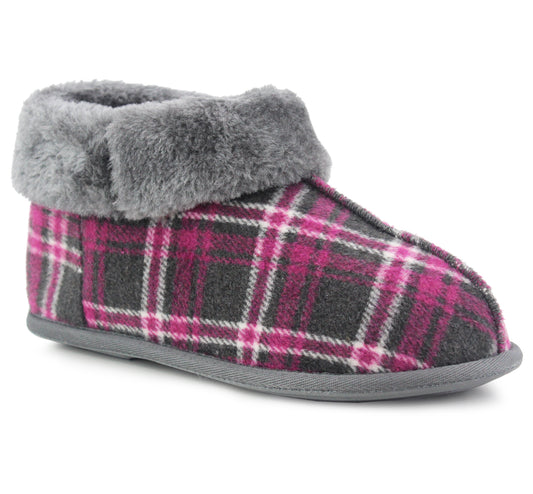 PHOEBE Womens Faux Fur Ankle Slippers in Pink Check