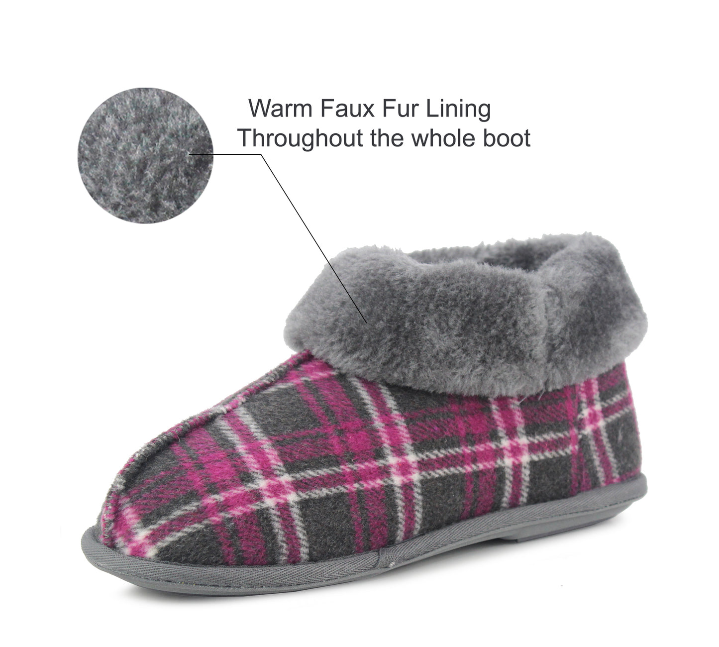 PHOEBE Womens Faux Fur Ankle Slippers in Pink Check