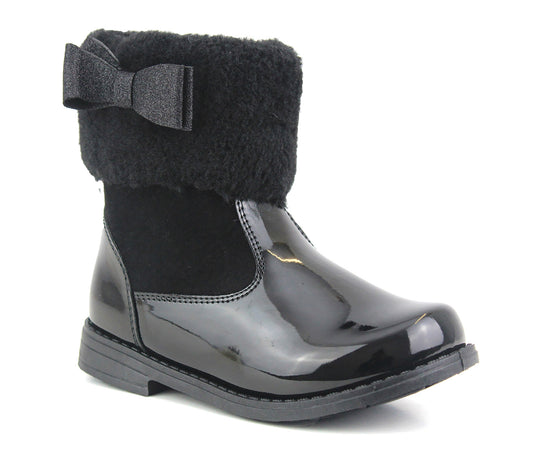 JANE Girls Kids Patent Fur Boots in Black
