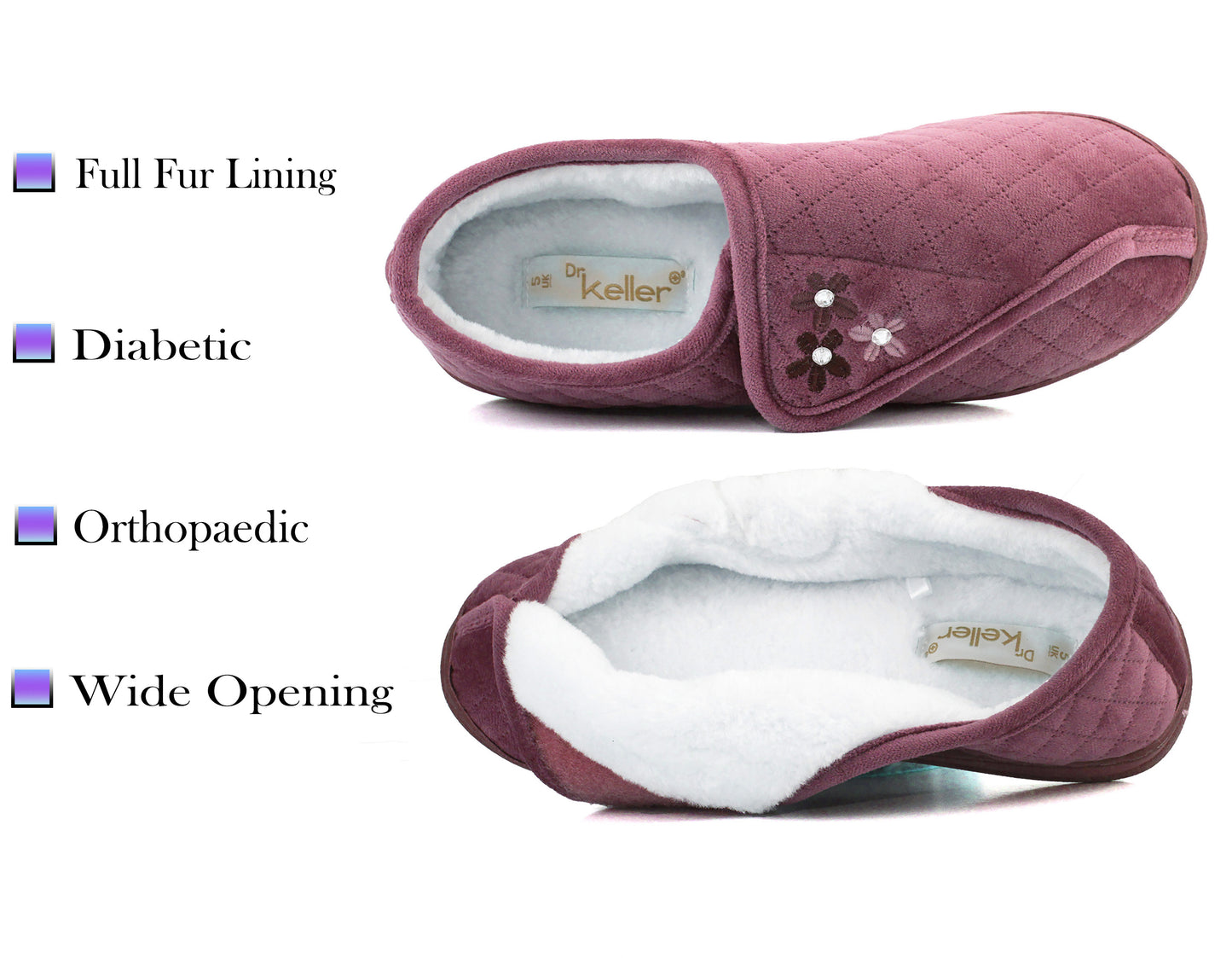 LILYANNA Womens Wide Opening Diabetic Faux Fur Slippers in Purple
