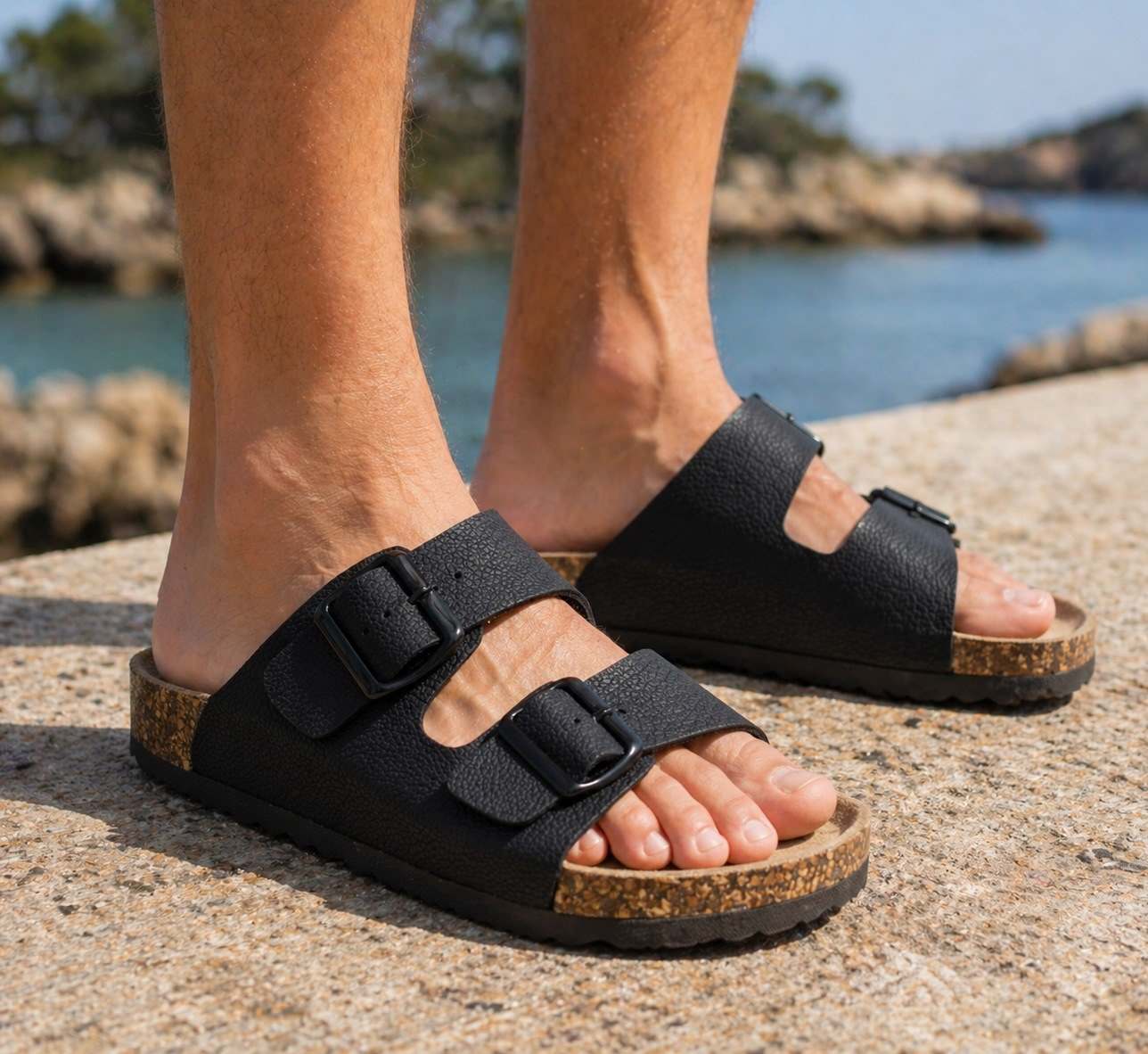 Mens Double Buckle Sandals Adjustable Cork Footbed Slip On Summer Slides