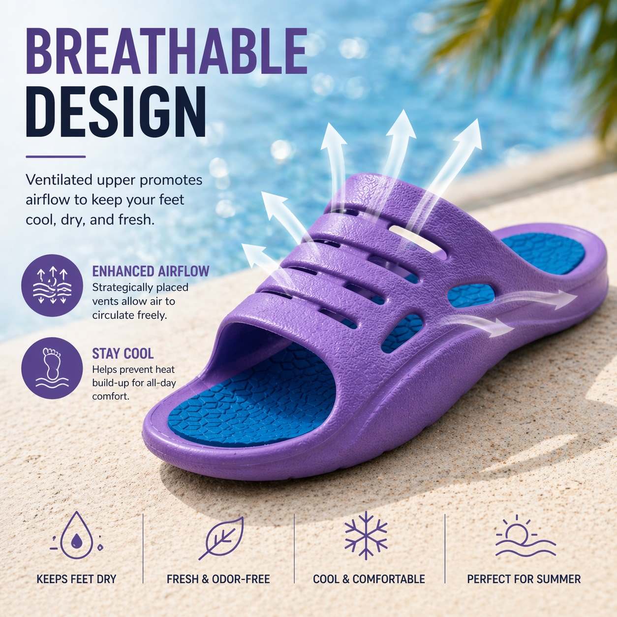 Womens Sliders Lightweight Slip On Pool Slides Ladies Bathroom Shower Spa EVA Slippers Backless Beach Flip Flops Leisure Mule Sandals