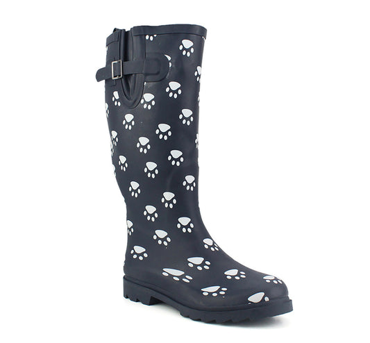 Womens Adjustable Calf Wellies Waterproof Paw Print Wellies Ladies Fashion Festival Dog Walking Rain Mud Wellington Boot