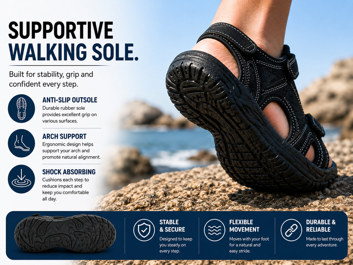 Mens Hiking Sandals Triple Touch Fasten Strap Sports Beach Outdoor Sandals