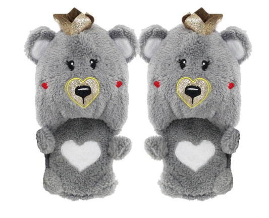 Womens Ladies Lightweight Padded Warm Slip On Teddy Bear Novelty Grey Winter Slippers