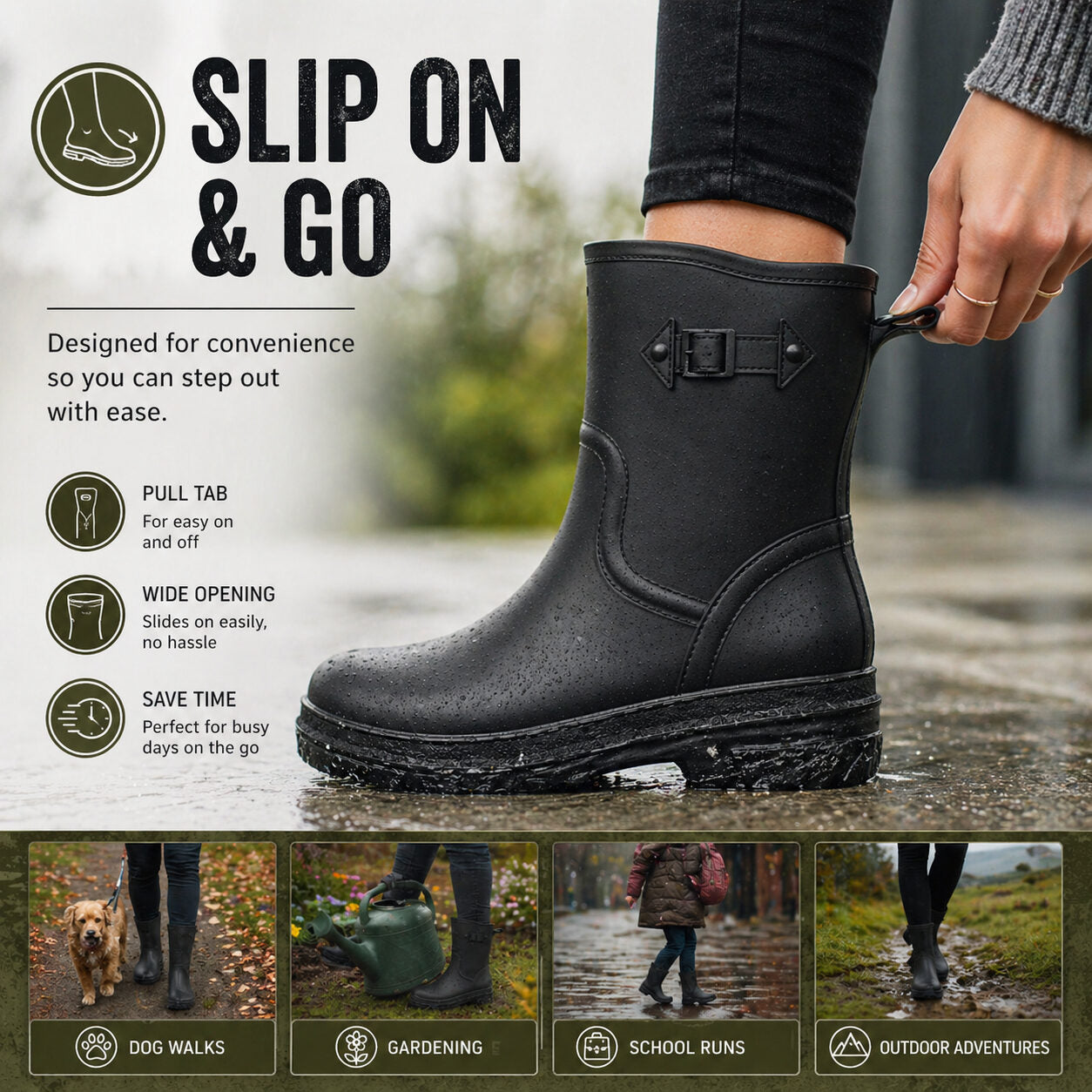 Womens Short Wellies Ladies Mid Calf Waterproof Wellington Boots Garden Walking Outdoor Mud Snow Rain Boots
