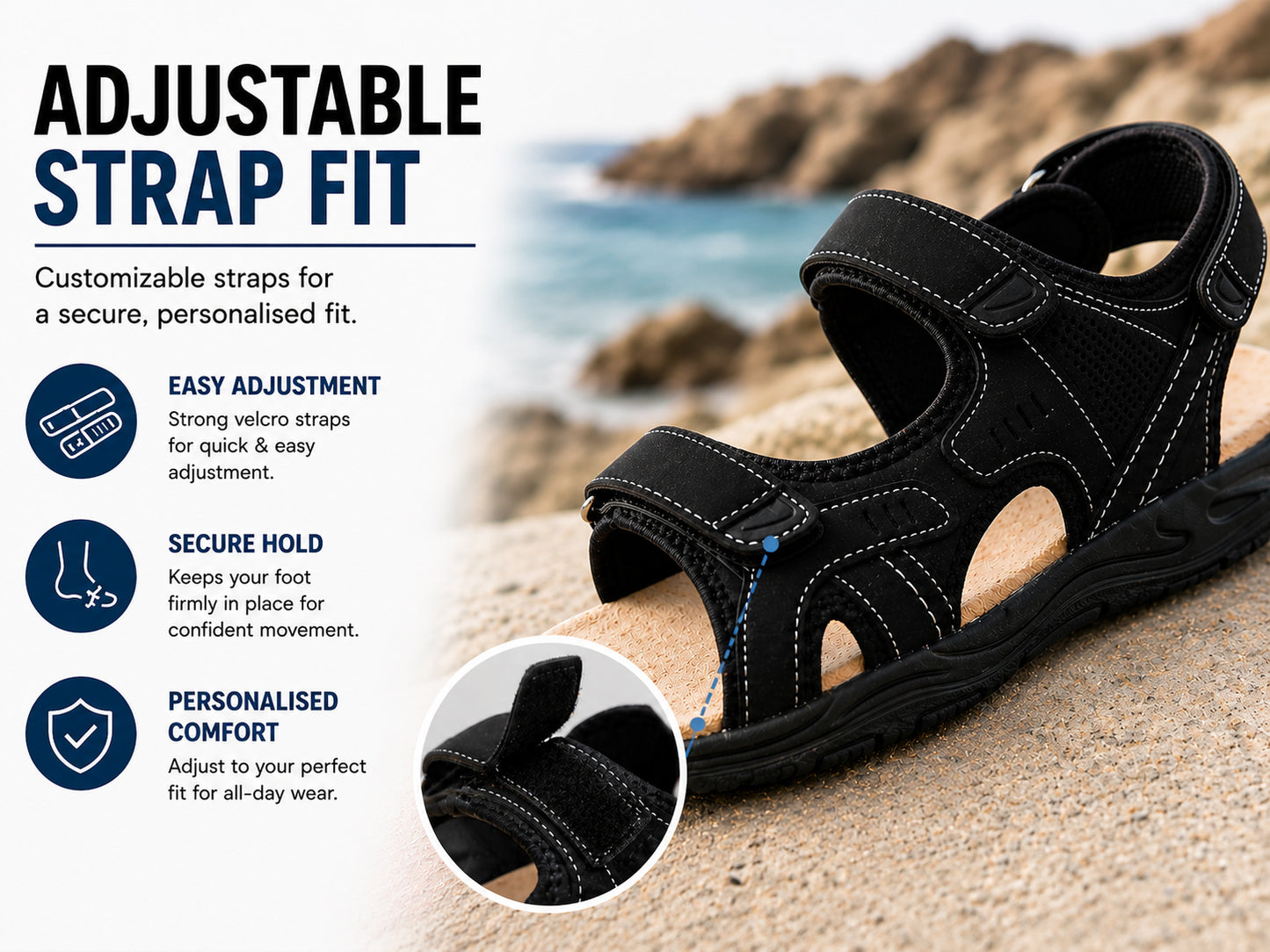 Mens Hiking Sandals Triple Touch Fasten Strap Sports Beach Outdoor Sandals