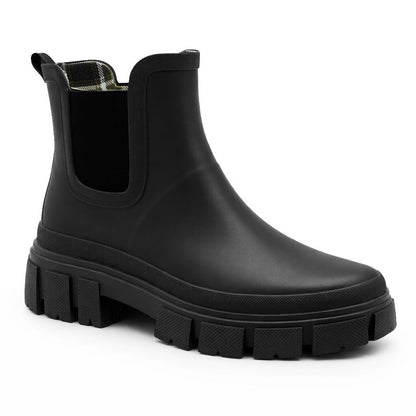 Womens Waterproof Wellies Platform Ankle Boots Chunky Sole Wellingtons Ladies Slip On Short Fashion Wellie Chelsea Rain Boots