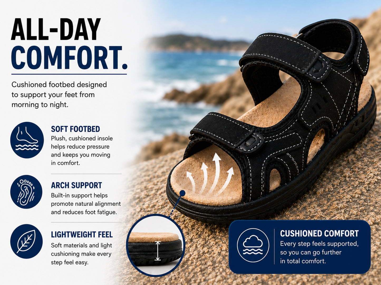 Mens Hiking Sandals Triple Touch Fasten Strap Sports Beach Outdoor Sandals