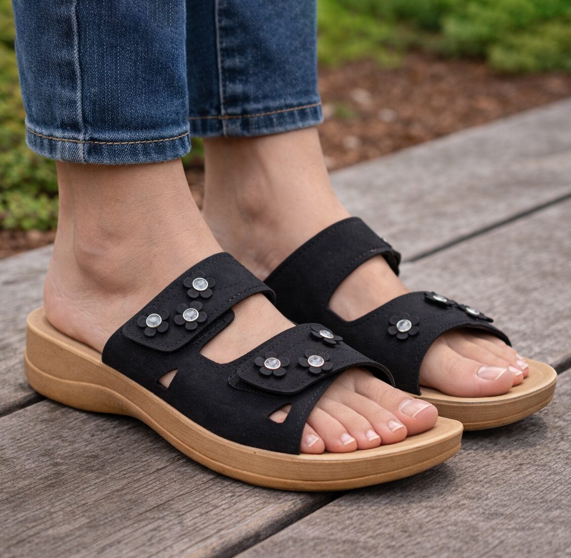 Womens Backless Sandals Touch Fasten Slip On Low Wedge Open Toe Mules Summer Fashion Beach Slides Flip Flops