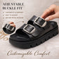 Womens Platform Sandals Double Buckle Adjustable Straps Ladies Slip On Chunky Sole Fashion Summer Sliders