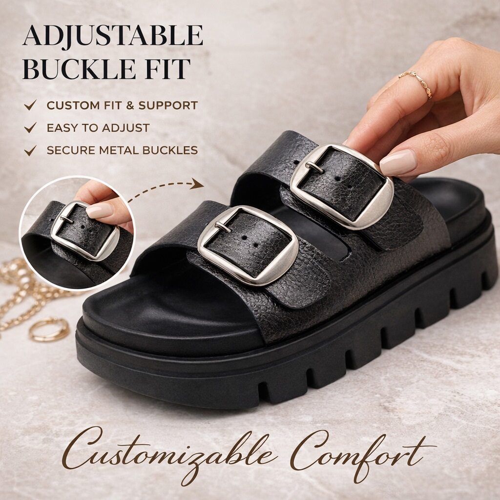 Womens Platform Sandals Double Buckle Adjustable Straps Ladies Slip On Chunky Sole Fashion Summer Sliders
