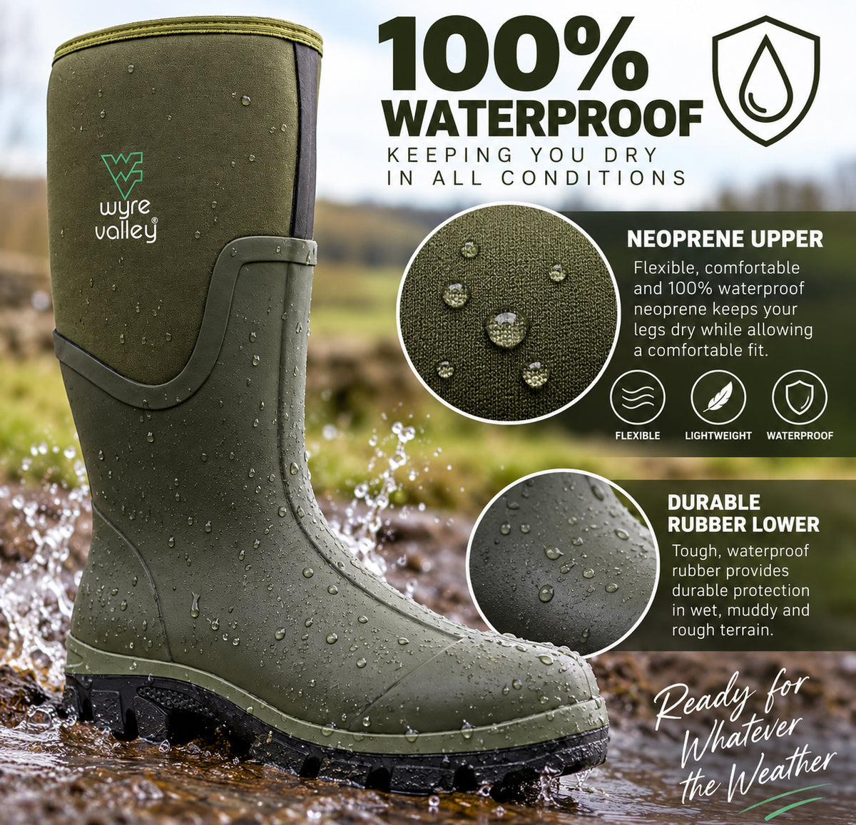 Mens Waterproof Neoprene Wellies Rubber Wellingtons Mucker Yard Rainboots