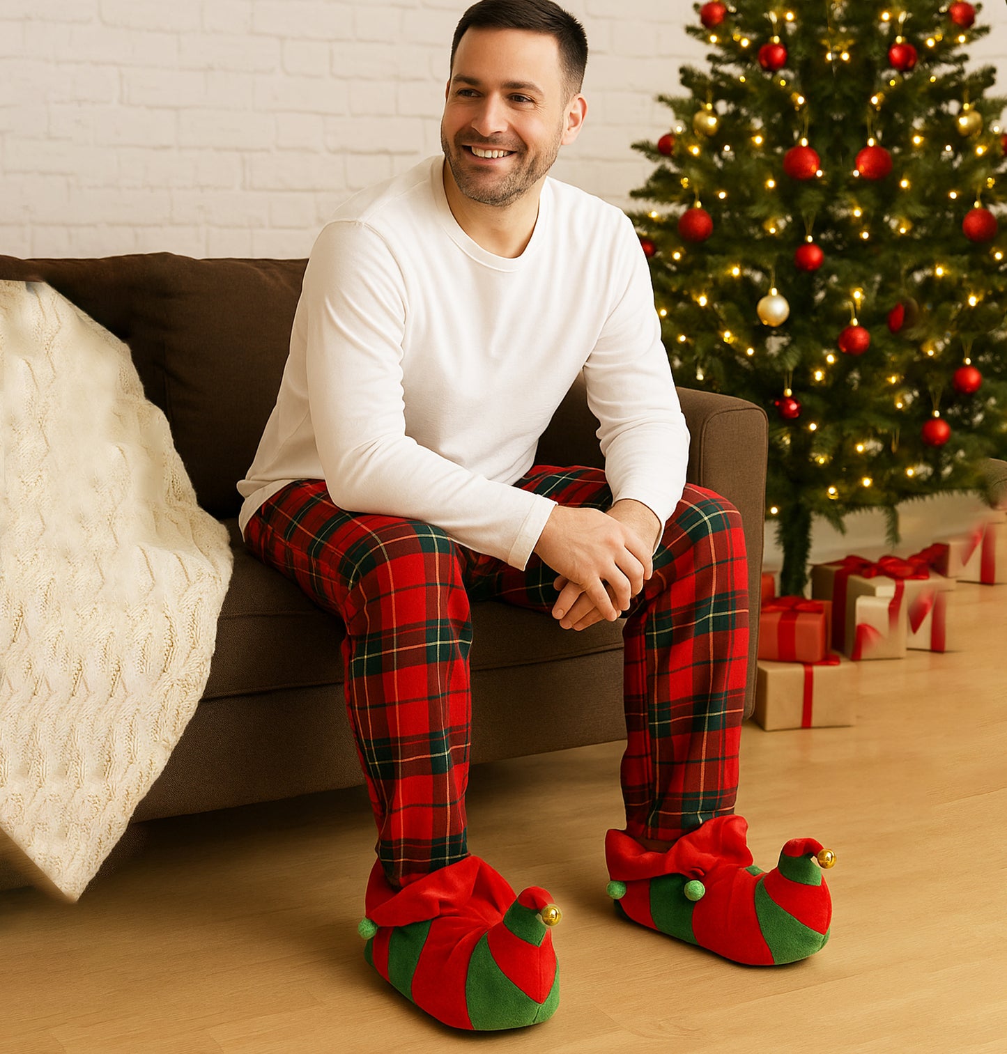 Mens Elf Christmas Slippers Jingle Bells Plush Novelty Slippers Slip On Fancy Dress Fun Festive Costume House Shoes