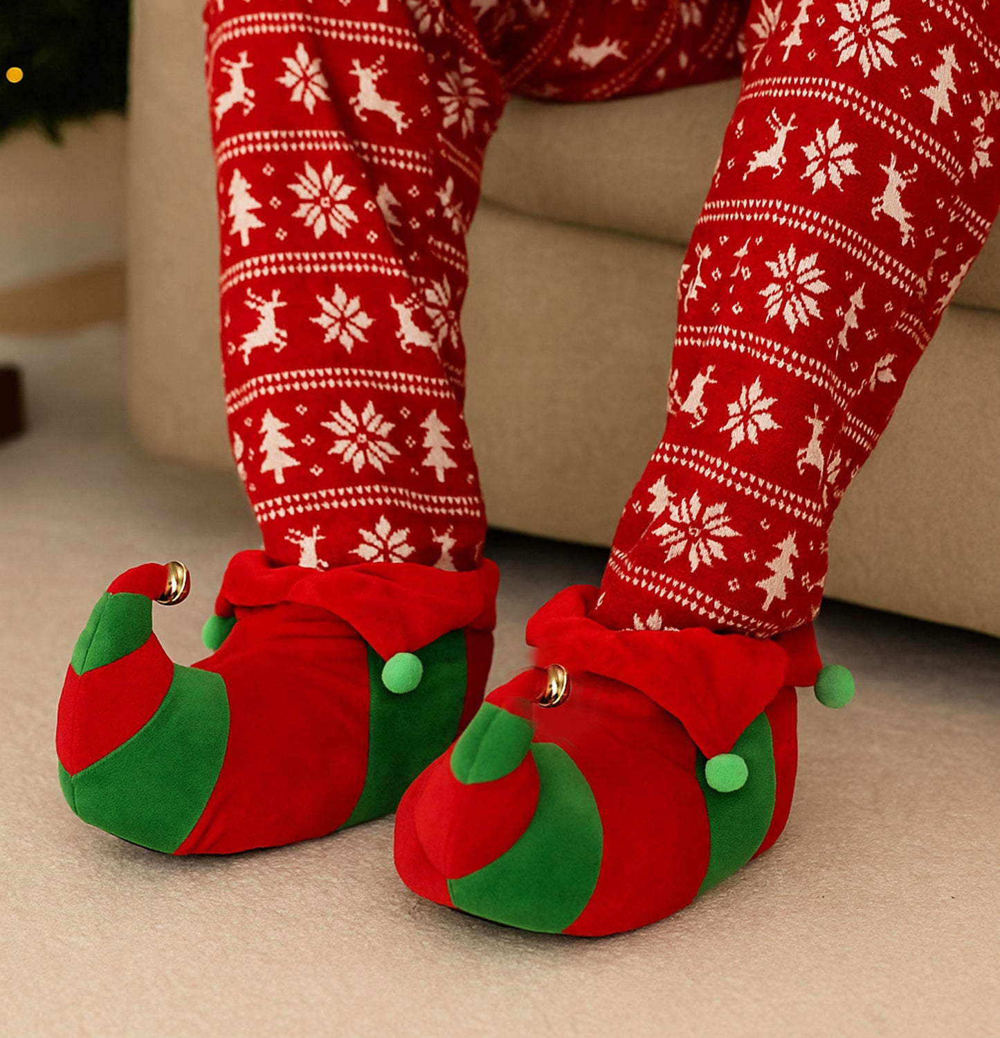 Mens Elf Christmas Slippers Jingle Bells Plush Novelty Slippers Slip On Fancy Dress Fun Festive Costume House Shoes