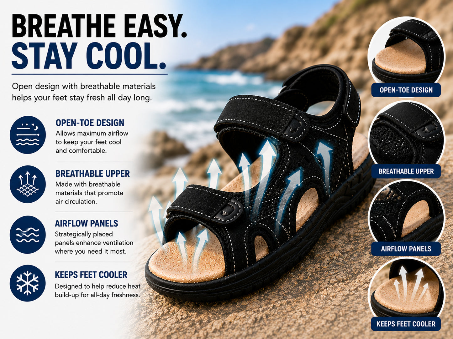 Mens Hiking Sandals Triple Touch Fasten Strap Sports Beach Outdoor Sandals