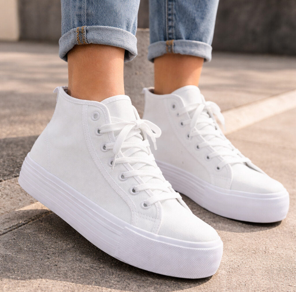 Womens Platform High Top Trainers Canvas Lace Up Sneakers Ladies Chunky Sole Casual Fashion Pumps