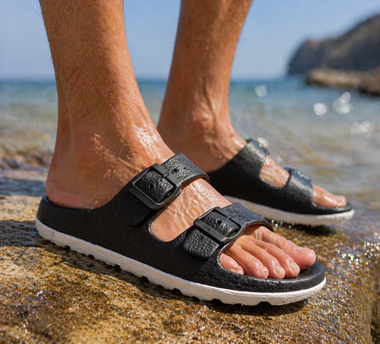Mens Slide Sandals Lightweight EVA Backless Slip On Adjustable Buckle Straps Pool Sliders Beach Flip Flops Mule Sandals