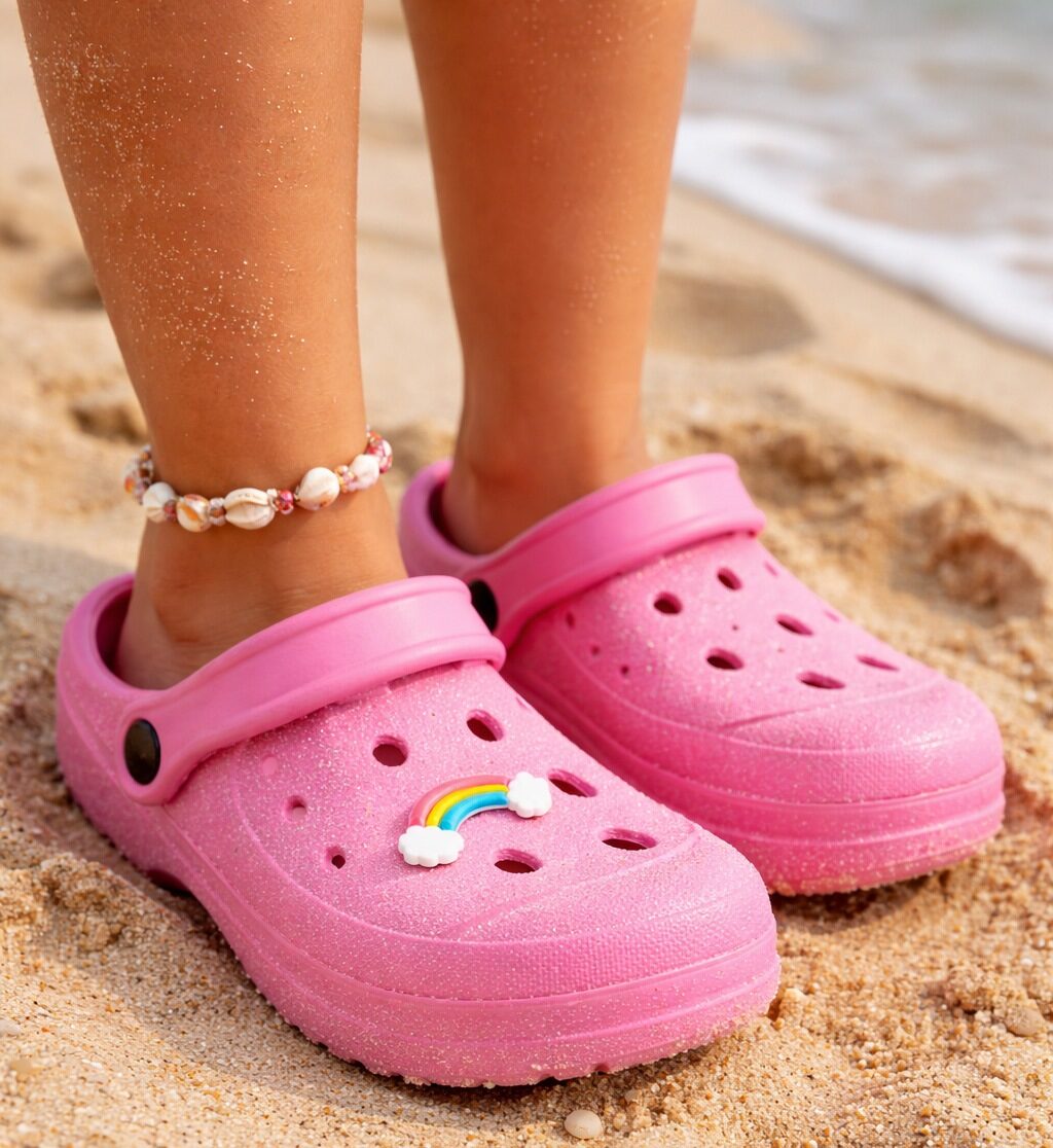 Girls Lightweight Clogs Kids Adjustable Garden EVA Glitter Charm Slippers Slip On Beach Sandals Water Shoes Leisure Pool Slides
