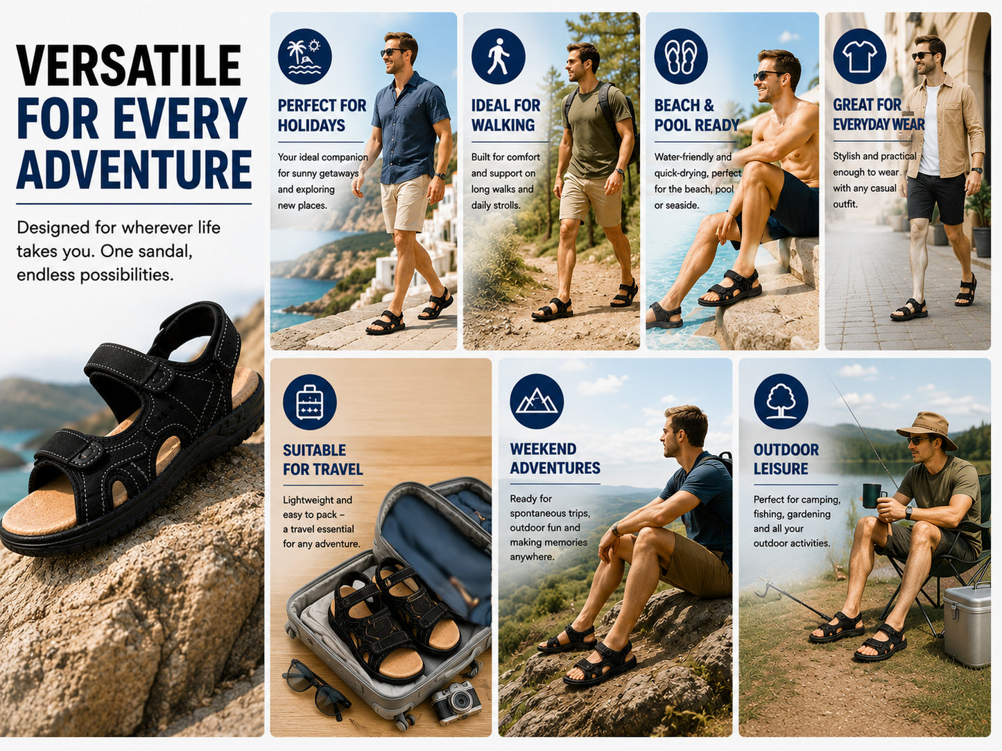 Mens Hiking Sandals Triple Touch Fasten Strap Sports Beach Outdoor Sandals
