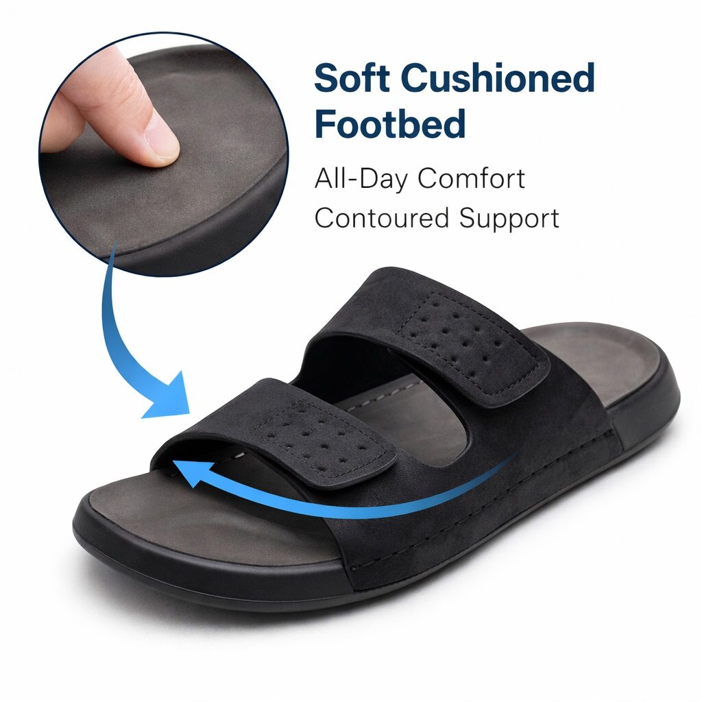Mens Double Strap Sandals Backless Slip-On Comfort Slides Casual Flat Touch Fasten Summer Walking Footwear Sandal