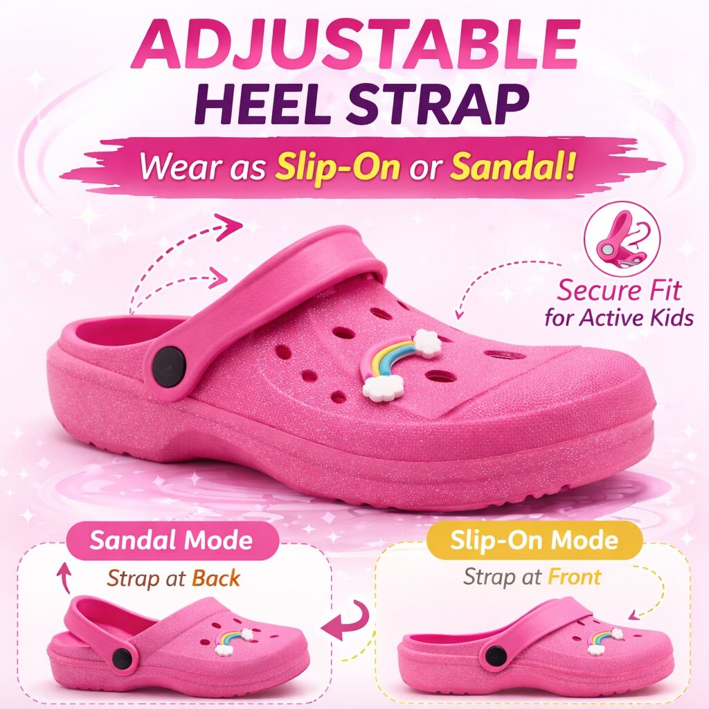 Girls Lightweight Clogs Kids Adjustable Garden EVA Glitter Charm Slippers Slip On Beach Sandals Water Shoes Leisure Pool Slides