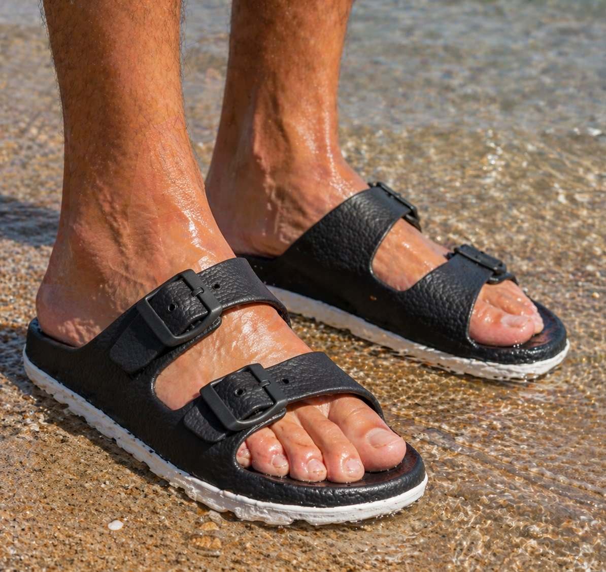 Mens Slide Sandals Lightweight EVA Backless Slip On Adjustable Buckle Straps Pool Sliders Beach Flip Flops Mule Sandals