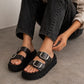 Womens Platform Sandals Double Buckle Adjustable Straps Ladies Slip On Chunky Sole Fashion Summer Sliders