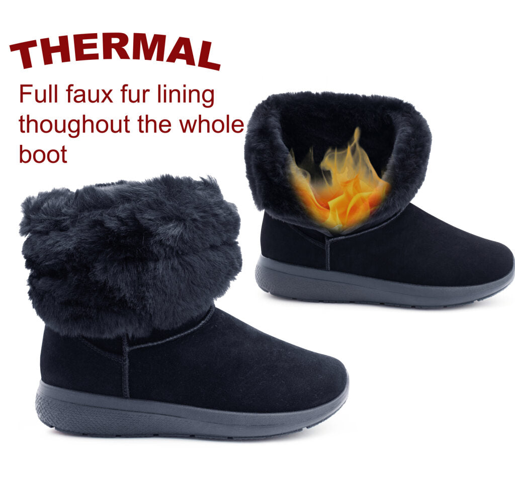 Womens Winter Boots Ladies Warm Slip On Ankle Boot Thermal Faux Suede Fur Lined Booties Navy